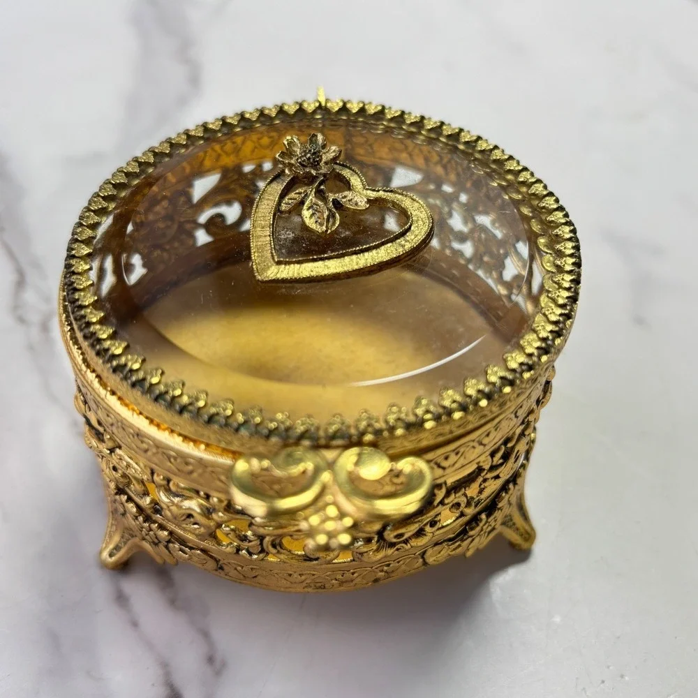 Vintage Gold Filigree Glass Top Heart Jewelry Box Footed Trinket Case
